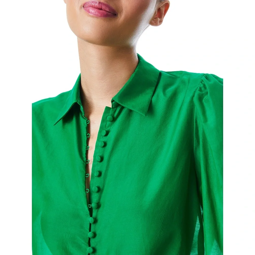 Alice + Olivia Joey Emerald Green Button Front Silk Blend Smocked Blouse - Picture 6 of 15